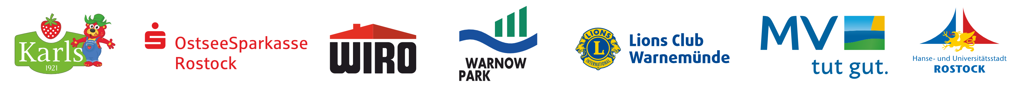 Logos of: Karls, OstseeSparkasse Rostock, Wiro, Warnow Park, Lions Club Warnemund, MV tut gut and Hanse- und Universitätsstadt Rostock